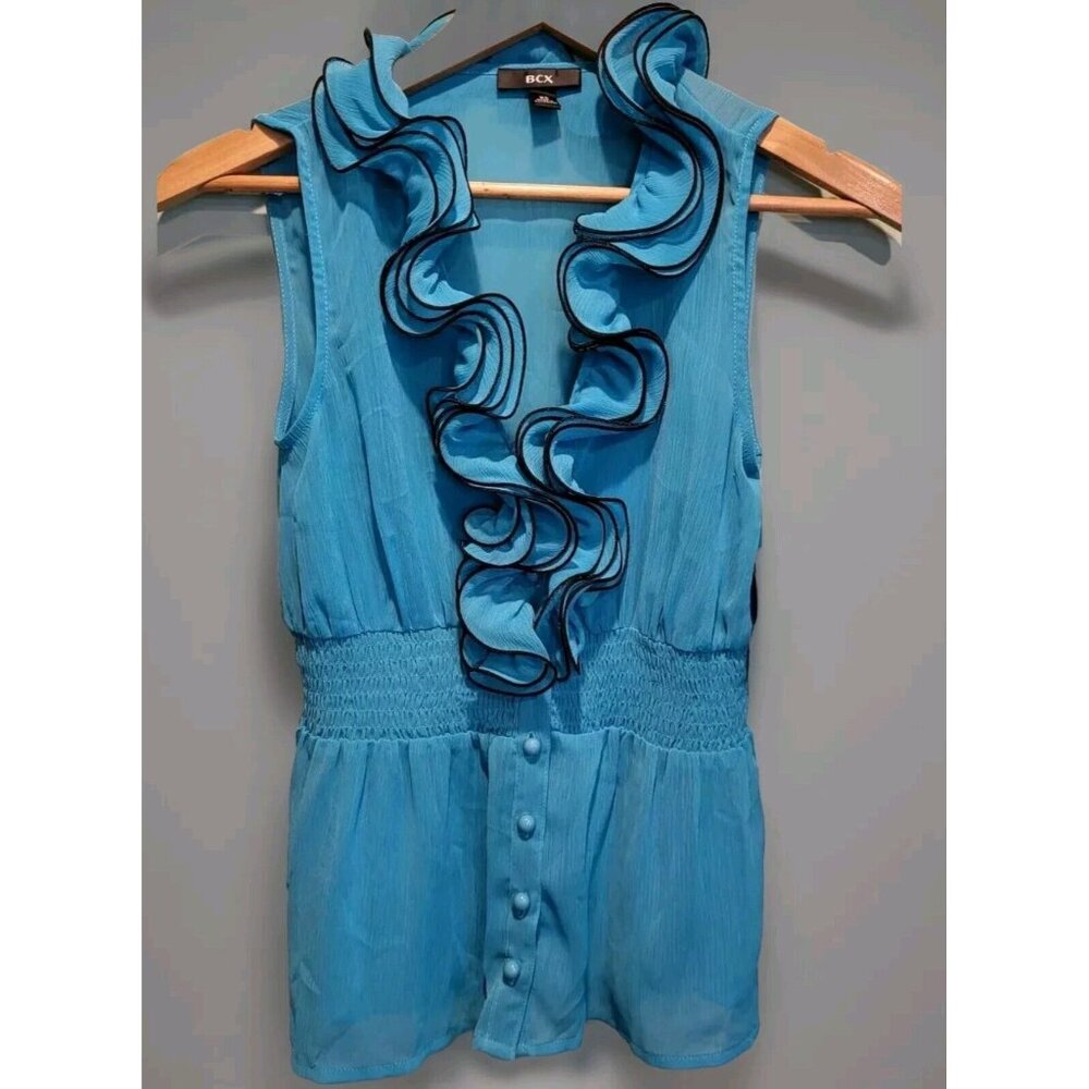 New Aqua Black Sleeveless Ruffle Button Up Chiffon Top BCX XS Y2K Whimsigoth